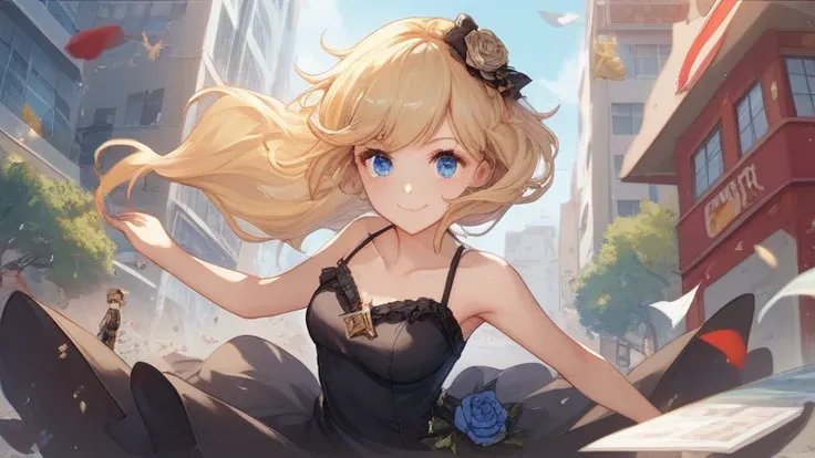 Anime girl with long blonde hair and blue eyes in black dress. ,  Anime drawing inspired by Lee Chevalier, Pixie,  Art of Self-Destruction ,  in the art style of Ryo Ouno Oshikoto , so cute,  from Girl Frontile ,  cell picture novel, anime shades , ; Graph...