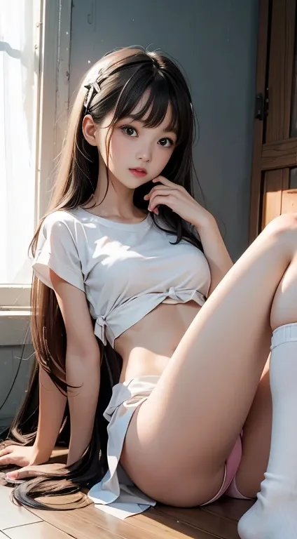 The woman in this photo is a young East Asian woman，Has long straight hair and dark brown hair，Fair skin。She is wearing a white T-shirt，Tie a knot in the abdomen，Showing a flat stomach and part of the breasts。Her breasts are small to medium sized。She also ...