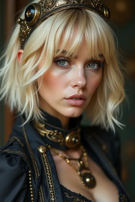 A stunning young woman with striking bobbed blonde hair in a sleek steampunk-inspired style. Her features are alluring, with a captivating gaze and an air of mystery. This detailed photograph in ultra high definition 12k resolution showcases every intricat...