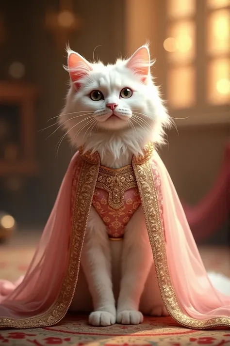 A regal white cat  wearing a traditional indian bridal dress, standing gracefully in a luxurious indoor setting. The outfit features a pink and gold lehenga with intricate embroidery and embellishments, complemented by a matching full-sleeve blouse. The sc...