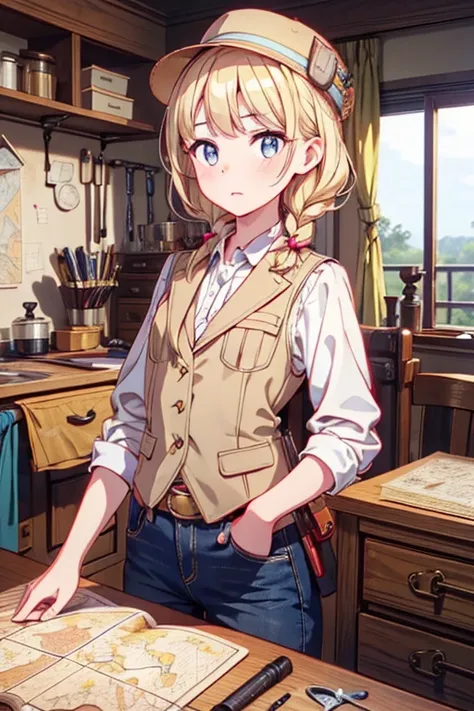 masterpiece, highest quality, Very detailed, 16k, Ultra-high resolution, Cowboy Shot, One  girl, Detailed face, Perfect Fingers, Golden Eyes, Blonde, Braid, A vest with many pockets, Shorts, Exploring knife, Safari Hat, compass, telescope, map, A cluttered...