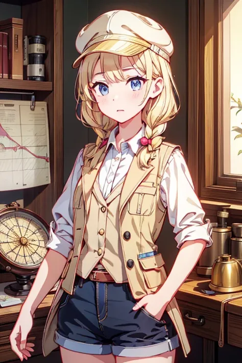 masterpiece, highest quality, Very detailed, 16k, Ultra-high resolution, Cowboy Shot, One  girl, Detailed face, Perfect Fingers, Golden Eyes, Blonde, Braid, A vest with many pockets, Shorts, Exploring knife, Safari Hat, compass, telescope, map, A cluttered...