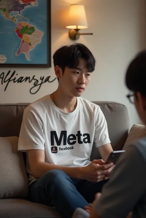 a young Korean guy with short hair is sitting on the couch behind him says Alfiansyah He is wearing a meta Facebook shirt and he is interacting