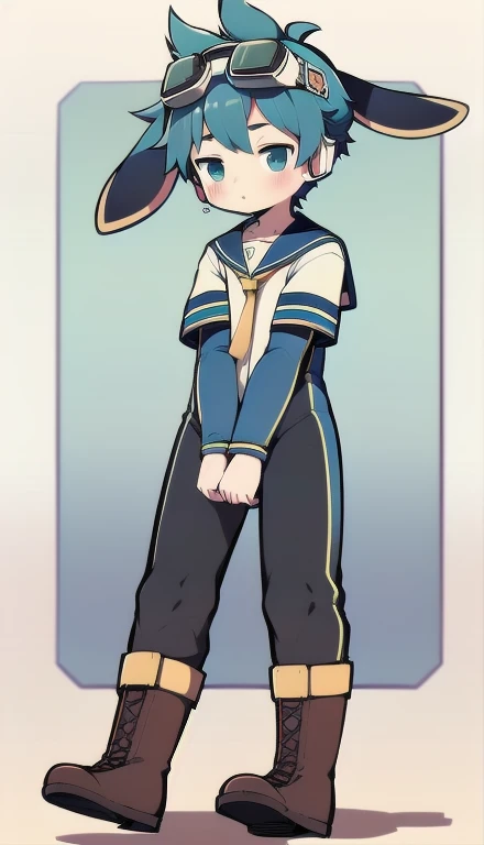  2D teenage boy Shota ，One-piece suit ， slim, healthy body， wears headphones on his head，stand up，goggles，Rabbit ears，Sailor collar，tie， pull-down zipper ，boots，shy