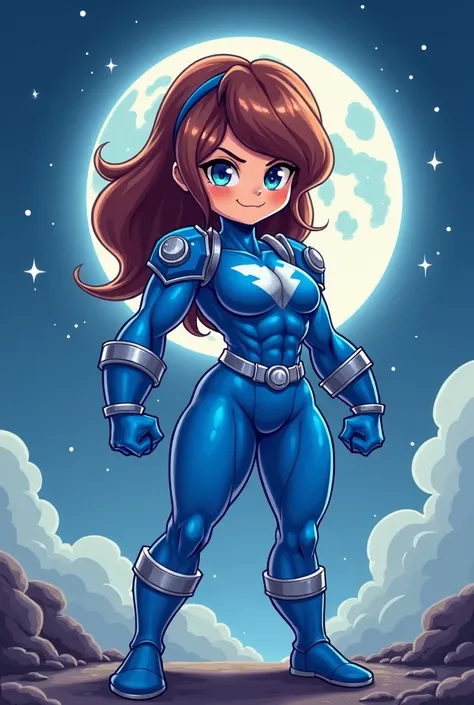 Power ranger muscle girl, blue body suit, ((chibi)), moon, (( large hips)),  blue eyes, ombreiras, cute, stars, coxas grossas, bodybuilder, big breasts,