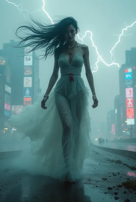 (dreamlike atmosphere, futuristic dystopia, 4K UHD) | A surreal cyberpunk guardian, a very beautiful girl immersed in a swirling flow of wind and surrounded by a crackling thundercloud, her form blending seamlessly into the elements. Behind her, a faintly ...