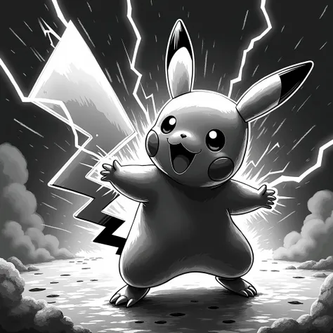 image de pikachu en train de faire une attaque éclair avec un effet haut relief en noir et blanc avec une arene en arriere plan