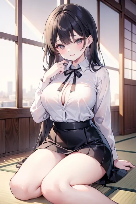 (( top quality)), ((  masterpieces during breakfast )), (  Details), perfect anatomy ,  1 28 year old Japanese girl, Side view of a girl,Turn your face to the audience to the audience,Big Breasts,Sexy office lady,White collared shirt,tight skirt with black...