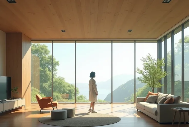 Modern living room with large floor-to-ceiling windows, minimalistic furniture, a wooden ceiling, and natural lighting. The space should include a Japanese person sitting or standing casually, wearing modern attire. Ensure realistic photographic quality.