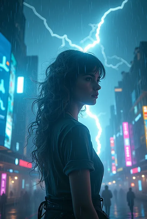 (vivid contrasts, cinematic storm aesthetic, high-detail composition) | A very pretty girl stands as the focal point in a surreal cyberpunk storm, her body immersed in a flowing giant gust of wind. Her expression is serene, contrasting with the violent ene...