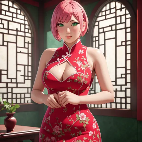 Masterpiece, High Resolution, Anatomically Correct, Best Quality, Super Detailed, Textured Skin, bright pink hair, mint green eyes, fairly curvaceous figure, peach skin, Breasts, Short Hair, Unreal Engine, red qipao dress 