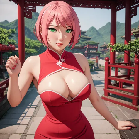 Masterpiece, High Resolution, Anatomically Correct, Best Quality, Super Detailed, Textured Skin, bright pink hair, mint green eyes, fairly curvaceous figure, peach skin, Breasts, Short Hair, Unreal Engine, red qipao dress 