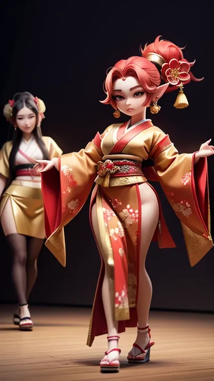 8k 2.5D Japans different world comic character style.Edo period in Japan.A beautiful elf and oiran girl wearing a heavy red and gold oiran costume, her unconventional heavy big bust swings her sensual big hips from side to side, and walks gracefully like a...