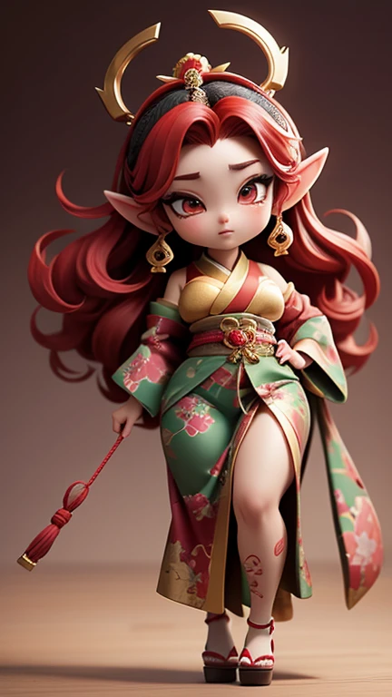 8k 2.5D Japans different world comic character style.Edo period in Japan.A beautiful elf and oiran girl wearing a heavy red and gold oiran costume, her unconventional heavy big bust swings her sensual big hips from side to side, and walks gracefully like a...