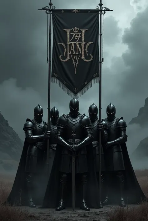 A number of black knights holding a banner with the letters yami written on it