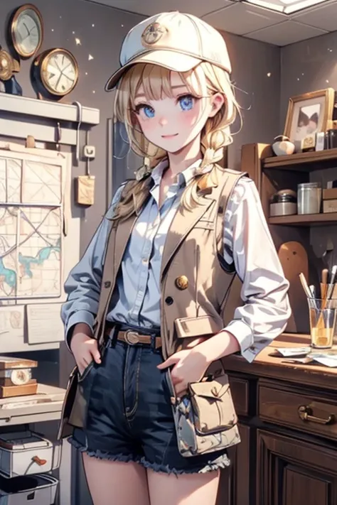 masterpiece, highest quality, Very detailed, 16k, Ultra-high resolution, Cowboy Shot, One  girl, Detailed face, Perfect Fingers, Golden Eyes, Blonde, Braid, A vest with many pockets, Shorts, Exploring knife, Safari Hat, compass, telescope, map, A cluttered...