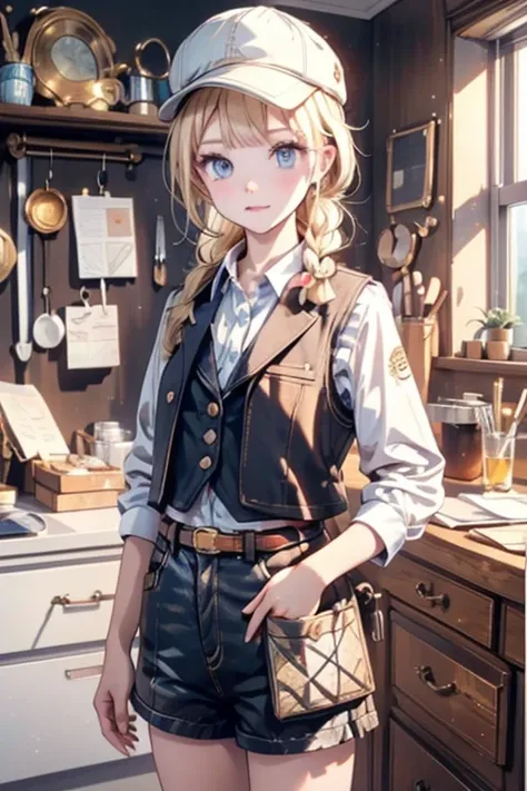 masterpiece, highest quality, Very detailed, 16k, Ultra-high resolution, Cowboy Shot, One  girl, Detailed face, Perfect Fingers, Golden Eyes, Blonde, Braid, A vest with many pockets, Shorts, Exploring knife, Safari Hat, compass, telescope, map, A cluttered...