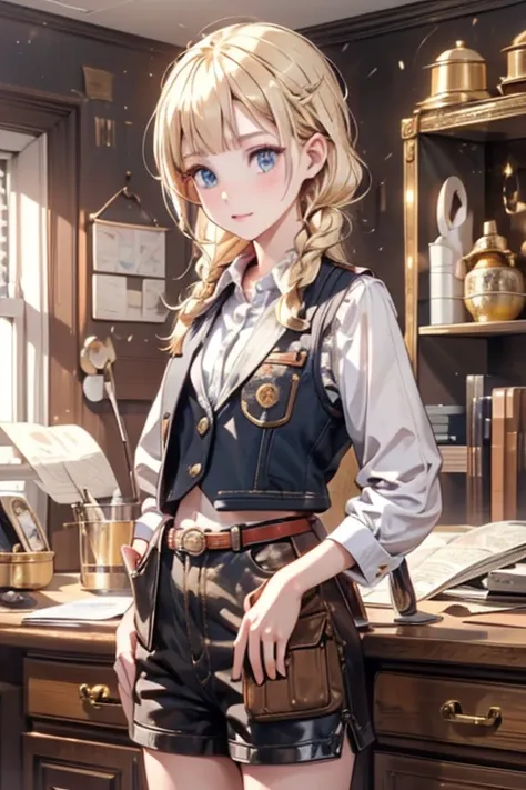 masterpiece, highest quality, Very detailed, 16k, Ultra-high resolution, Cowboy Shot, One  girl, Detailed face, Perfect Fingers, Golden Eyes, Blonde, Braid, A vest with many pockets, Shorts, Exploring knife, Safari Hat, compass, telescope, map, A cluttered...