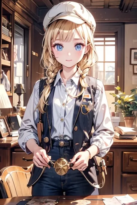 masterpiece, highest quality, Very detailed, 16k, Ultra-high resolution, Cowboy Shot, One  girl, Detailed face, Perfect Fingers, Golden Eyes, Blonde, Braid, A vest with many pockets, Shorts, Exploring knife, Safari Hat, compass, telescope, map, A cluttered...