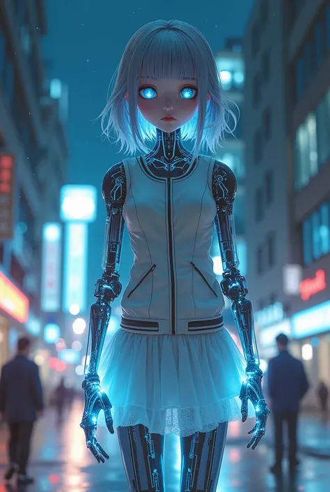 ((A half-mechanical girl with a human torso and translucent mechanical limbs)),
((Her limbs are translucent and revealing the internal electronic circuitry)),
(Sleeveless jacket and frilly skirt),
Bright blue eyes, Bright mechanical limbs,
future city scap...