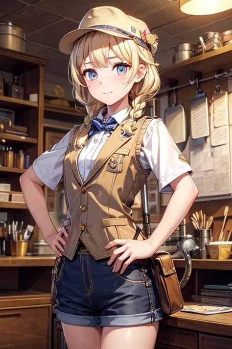 masterpiece, highest quality, Very detailed, 16k, Ultra-high resolution, Cowboy Shot, One  girl, Detailed face, Perfect Fingers, Golden Eyes, Blonde, Braid, A vest with many pockets, Shorts, Exploring knife, Safari Hat, compass, telescope, map, A cluttered...