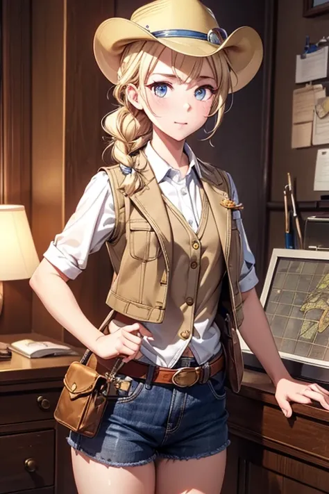 masterpiece, highest quality, Very detailed, 16k, Ultra-high resolution, Cowboy Shot, One  girl, Detailed face, Perfect Fingers, Golden Eyes, Blonde, Braid, A vest with many pockets, Shorts, Exploring knife, Safari Hat, compass, telescope, map, A cluttered...