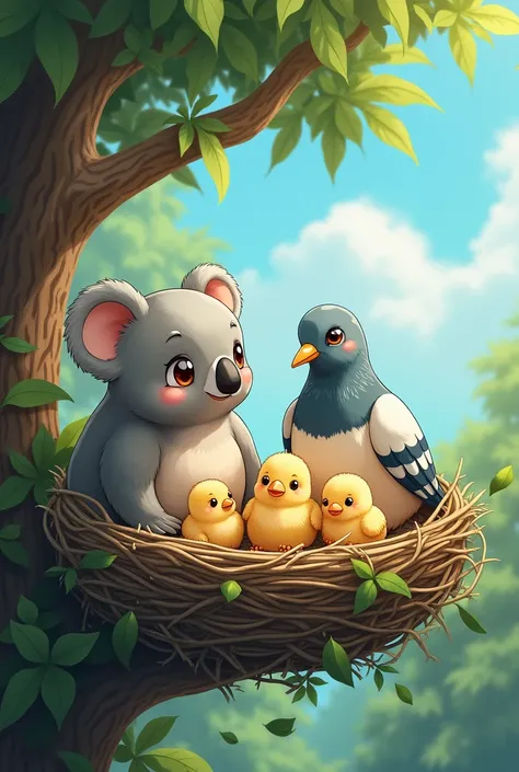 Anime pigeon on tree nest with 3 chick with big koala friend 
