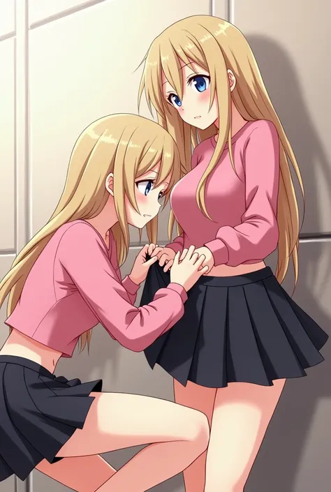  Anime girl who is 18 years old wears a pink cropped sweater and a nice short black pleated skirt. She has blue eyes and long blonde hair . She presses a boy kneeling on the ground with his face against her skirt. His full face is now touching the skirt fr...