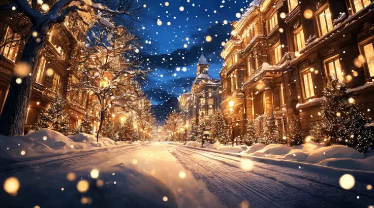 (best quality, masterpiece, photorealistic, elaborate details:1.2), photorealistic illustration of a beautiful snow-covered fantasy town with numerous houses and buildings. Its a magical place full of fairy tale-like trees and lights, illuminated by the so...