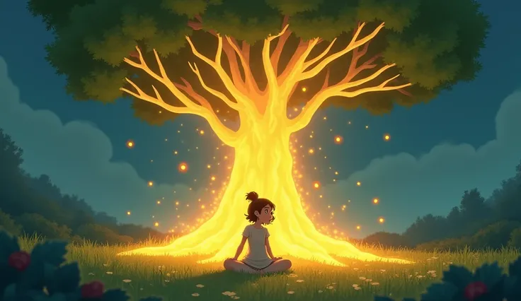 Prompt: Ayesha sitting under the glowing tree, looking surprised as soft golden light from the roots forms a whispering voice. The atmosphere is serene but magical. Animation cartoon