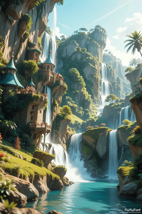 Waterfall conveys four adventurers natural fantasy landscape fairy green, golden ratio, animated detail, delicate, QuixelMegascans trend, perfect image, super high resolution, perfect composition, detailed, super color, (high detail skin: 1.2), 8k ultra hi...