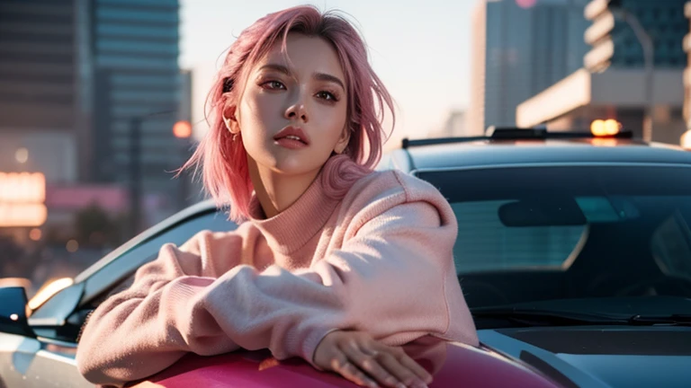  high angle photo of a gorgeous young woman in cyberpunk style,  realistic skin texture,  looks up,Pink sweatshirt,Posing on top of a car, 1 / 2. Body Crop, 8 5mm Art Lens, f 1. 2,  sharp concentration, 8k High Definition ,  very detailed,  complicated,  e...