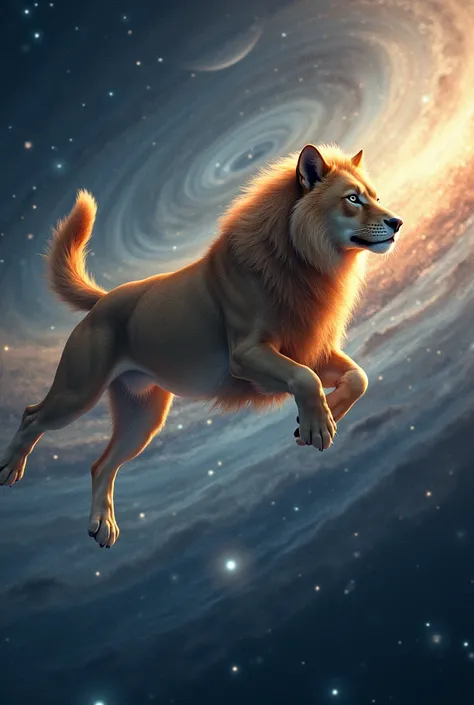 I want i dog flying in the space with Lion 