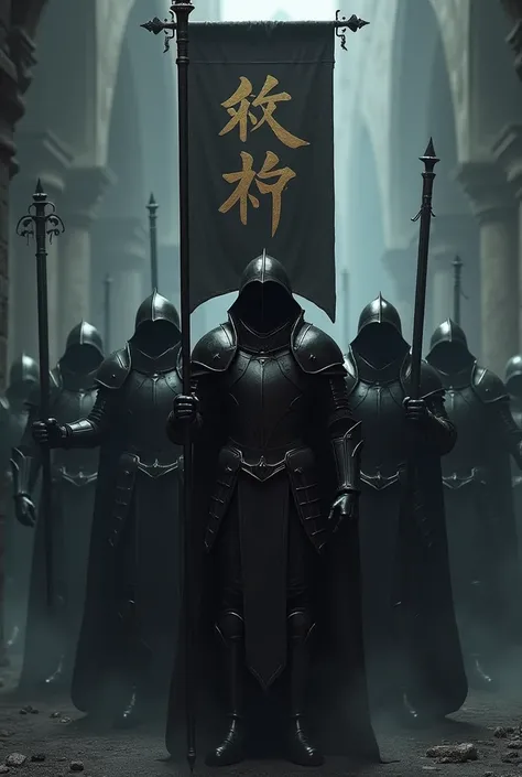 A number of black knights holding a banner with the letters "yami" written on it