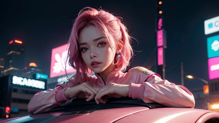  high angle photo of a gorgeous young woman in cyberpunk style,  realistic skin texture,  looks up,Pink sweatshirt,Posing on top of a car, 1 / 2. Body Crop, 8 5mm Art Lens, f 1. 2,  sharp concentration, 8k High Definition ,  very detailed,  complicated,  e...