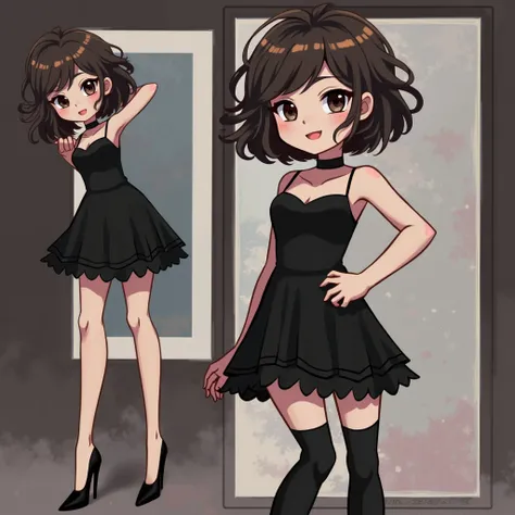 1 girl, short fibers, Curly hair, black dress, fitting dress, Short dress, High heel shoes, sexy poses 