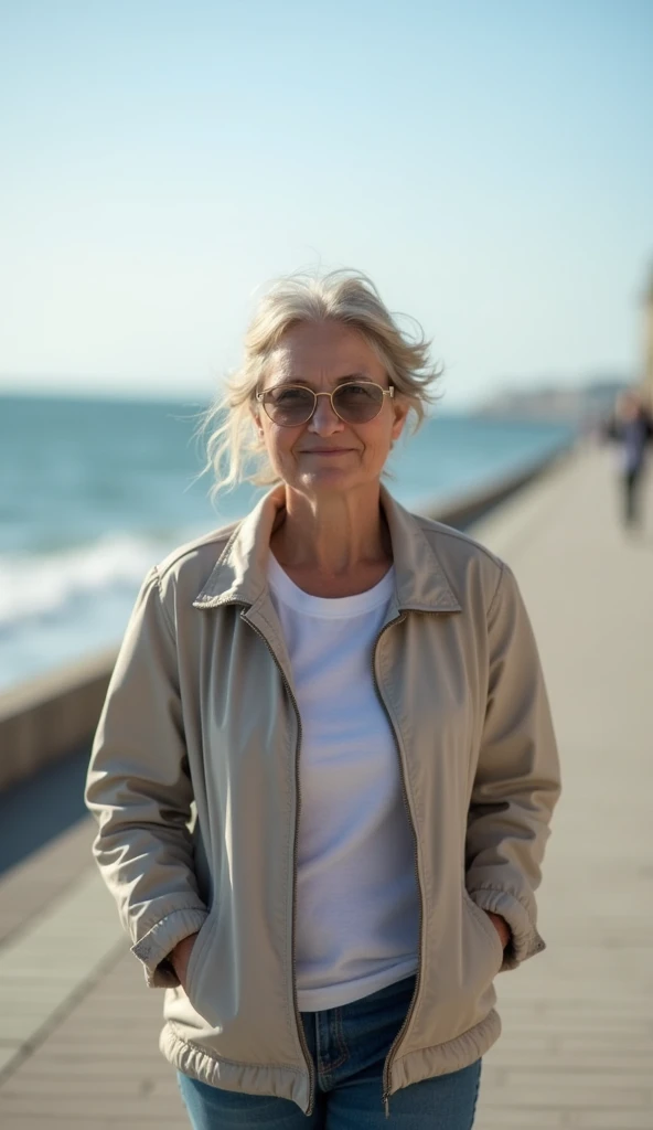 A 35-year-old woman walking on a seaside boardwalk, wearing a light jacket.