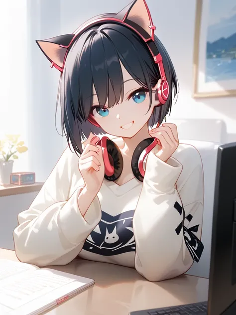 (Best Quality, 8k, masterpiece)beautiful illustration, best quality, cute girl, Details, 1 beautiful 18 year old girl ,((slim,headphones with cat ears)), dark hair, smile, oversized sweater with long sleeves, nice hands, 
(((Wears headphones))), thoughtful...