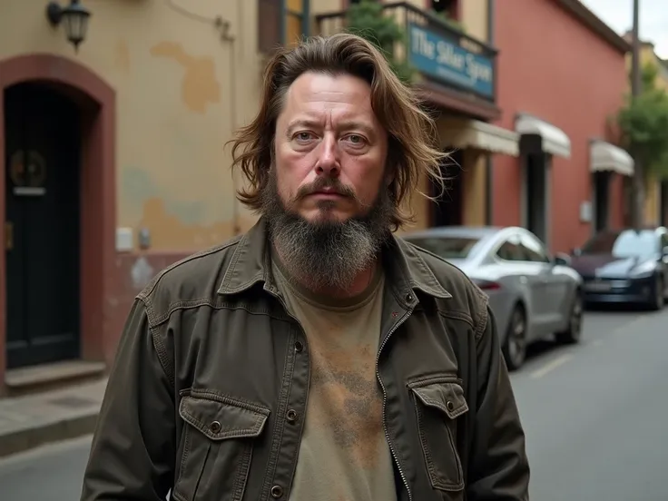 Elon Musk, with his messy, dirty brown hair and tired, tired expression, long unkempt beard and hair, looks like a poor and miserable homeless person. He was wearing a faded T-shirt, a dirty old thick jacket and worn out jeans, standing on a lavish Mexican...