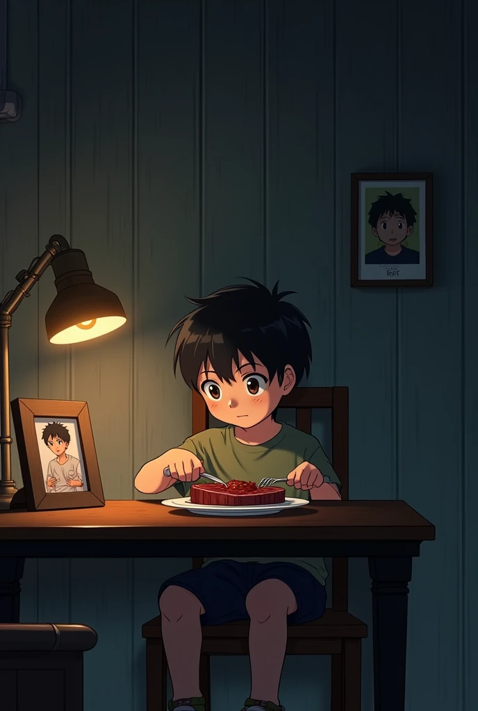 A table with a plate of meat there is a chair and a boy sitting there he is cutting the steak on the left side to a picture frame with a photo of another local boy its a dark house the image has to be in anime style