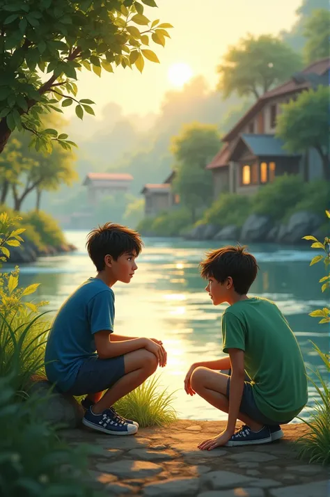 "A peaceful village scene by the river with two 15-year-old boys sitting on the riverbank. One of the boys is wearing a blue t-shirt, and the other is wearing a green t-shirt. They are engaged in a conversation, laughing and enjoying each others company. T...