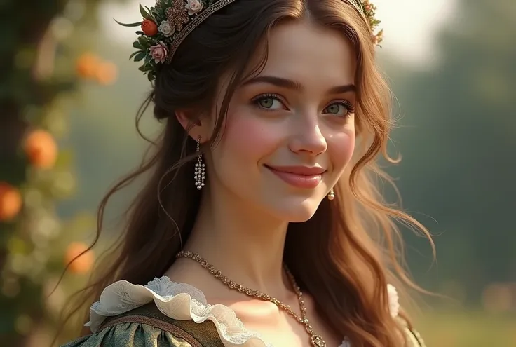 Beautiful young european woman in 17th centure clothes with brown hair and a smile