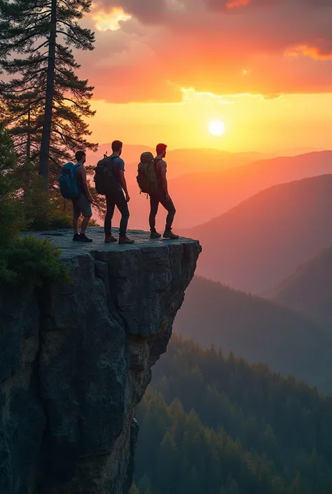 Three daredevil men with backpacks watch the sunrise rise from a cliff in the woods