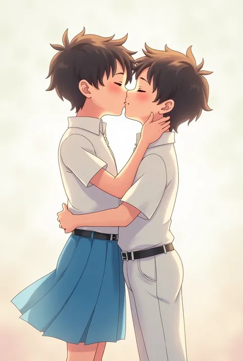 Two Boys, One of them wearing a blue skirt, The other pants and a white shirt, kissing in the lips, anime