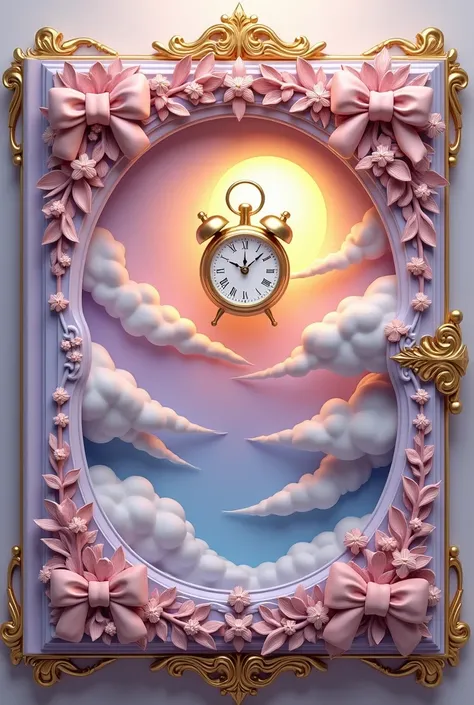 Prettiest 3D lavender, light pink, gold DIARY COVE R carved sculpture gold victorian royal, inner design of the diary is flying clock and many mini big bow white gold lining ribbon in the clouds and sunset as back ground, the gold borderline outer lining