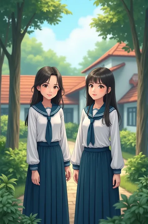  two female students wearing typical Indonesian school uniforms ,  consisting of a long-sleeved white shirt , white hijab, blue tie, and a blue long skirt .  They were posing together in a school environment ,  standing next to trees and greenery ,  with o...