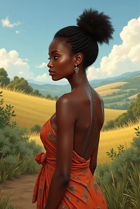 An African woman with a  on the back in the countryside