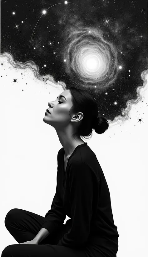 A black and white art of a woman sitting, a miniature colorful universe grows up from her forehead 