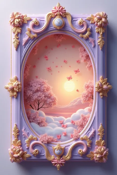 Prettiest 3D lavender, light pink, gold DIARY COVE R carved sculpture gold victorian royal, inner design of the diary is clock and flying many mini big bow white gold lining ribbon in the clouds and sunset as background, the gold borderline outer lining