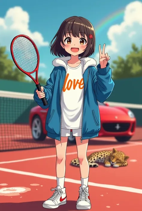  Simple anime style image
Niña,  short stature,  white skin ,  dark brown eyes . european. by the ruby, Tied.  Loose jacket , blue,  shows shoulder , winter hood ,  white fur . camiseta oversize,  written “love” ,  orange lettering . shorts, rapper. Street...